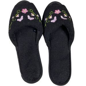Love Mates Ladies House Slippers , Size Medium 6 1/2-7 1/2, Black , Butterflies
